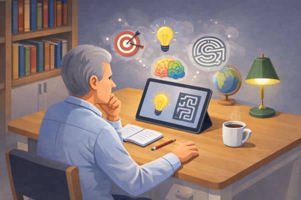 Engaged man working on brain puzzles and creative ideas at his desk.
