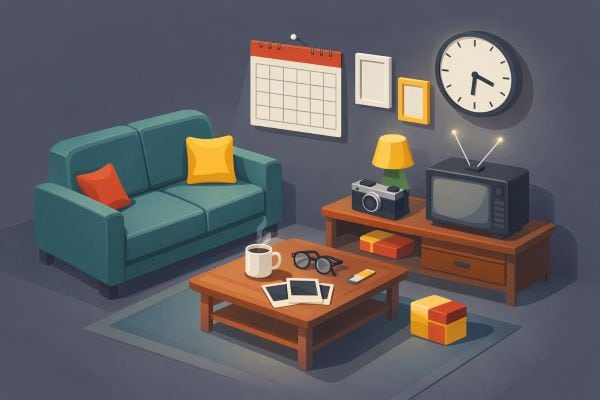 A comfortable living room featuring a teal sofa, wooden coffee table, and retro TV setup. Perfect fo.